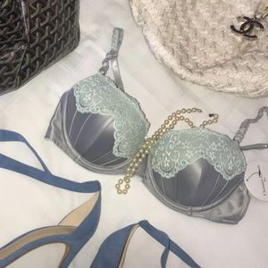 Christian Lacroix Blue Lace-Accent Satin Bra